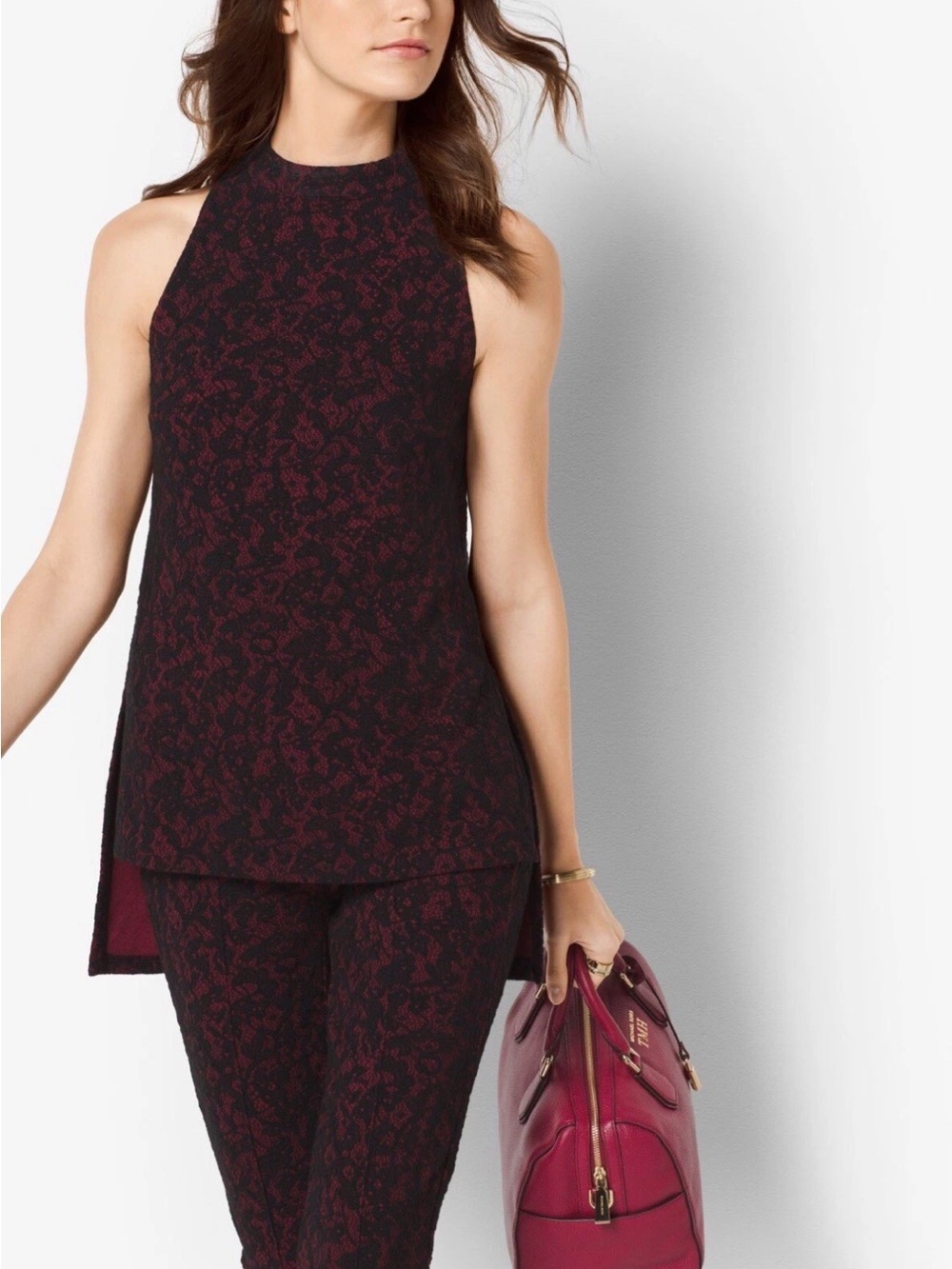 MICHAEL Michael Kors Sleeveless Mock Neck Jacquard Top in Black and Dark Red
